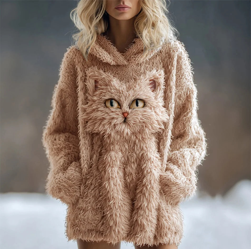 Cute Fuzzy Cat Embroidered Soft Hooded Sweater