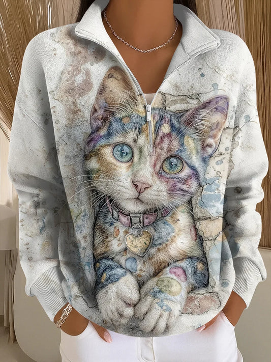 Cat Art Print Casual Zip-Up Sweatshirt