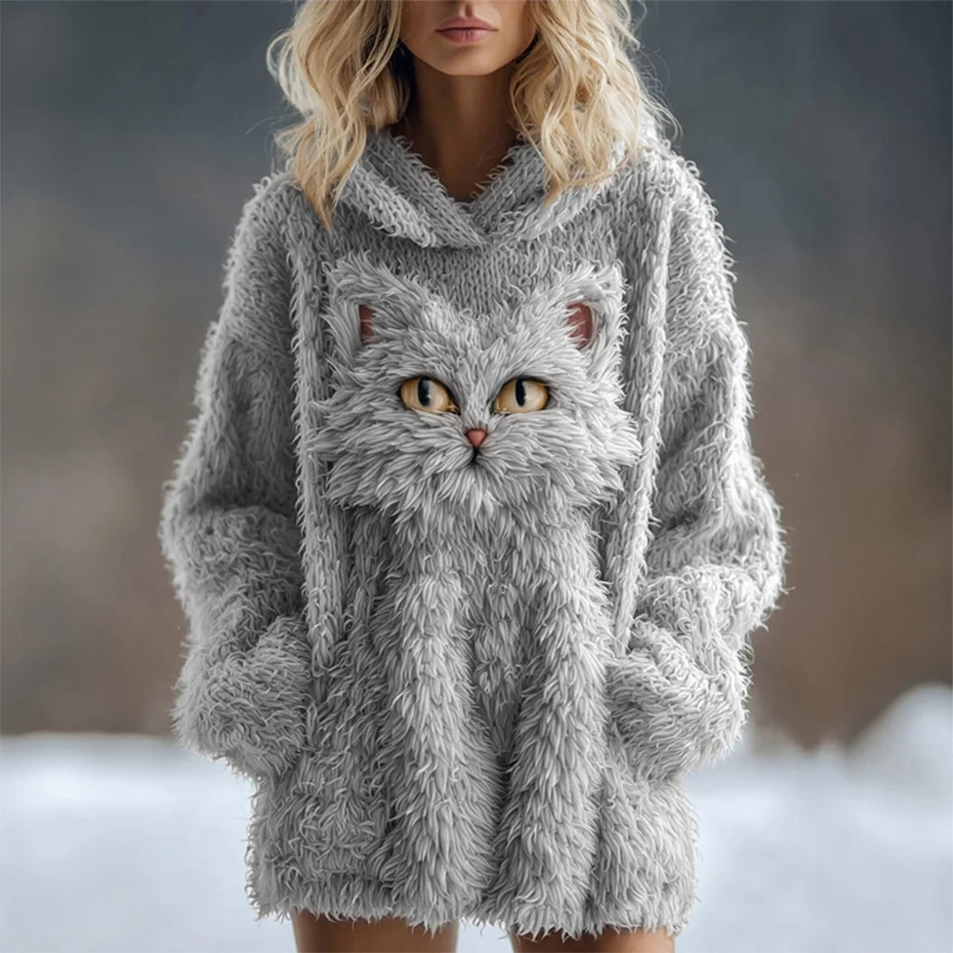 Cute Fuzzy Cat Embroidered Soft Hooded Sweater