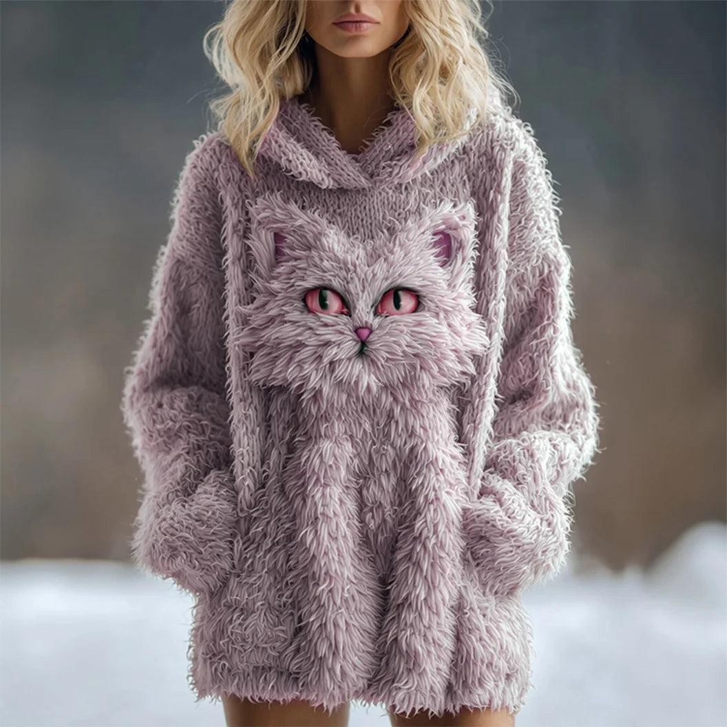 Cute Fuzzy Cat Embroidered Soft Hooded Sweater